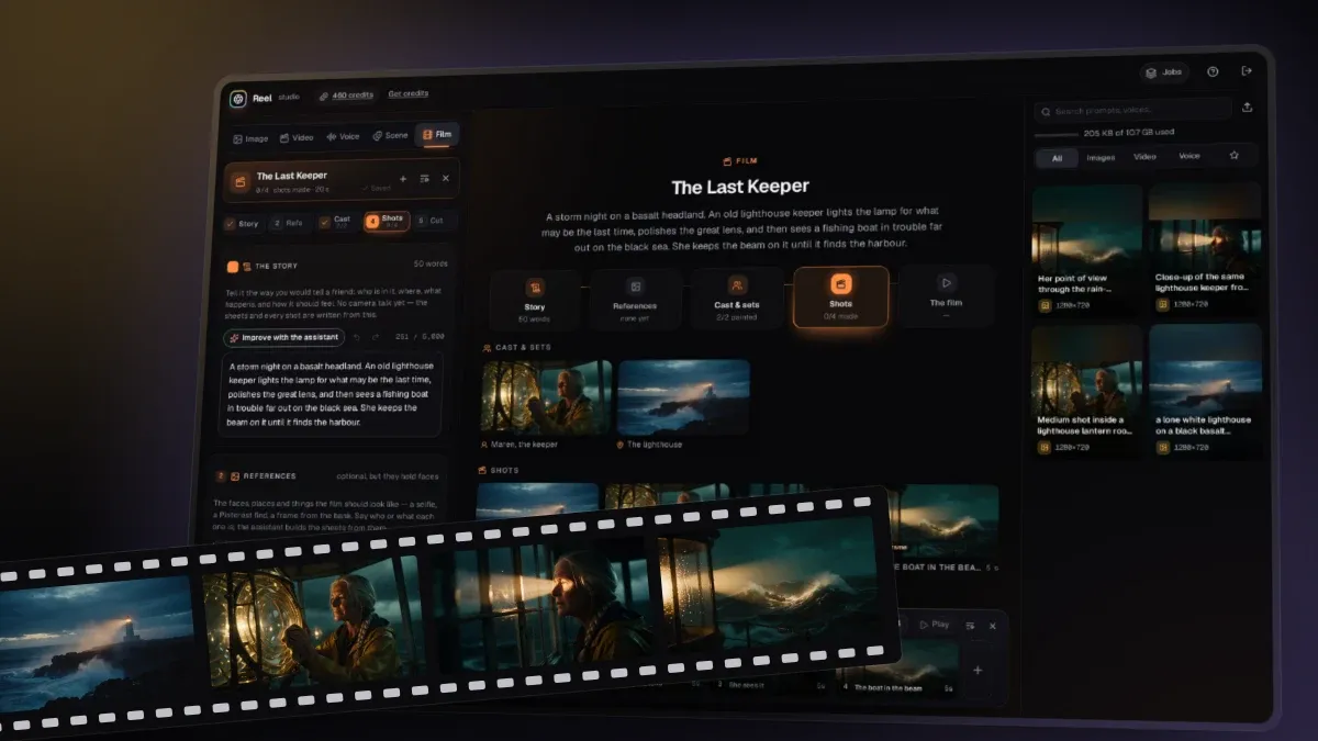 Reel Studio with a film open: its shots, cast and timeline